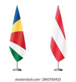 Seychelles and Austria flags on flagpoles for official ceremonies and meetings, transparent background vector