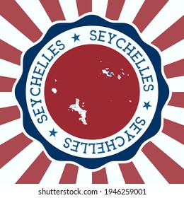Seychelles Badge. Round logo of the island with a triangular mesh map and radial rays. EPS10 Vector.