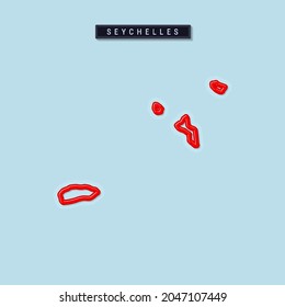 Seychelles bold outline map. Glossy red border with soft shadow. Country name plate. Vector illustration.
