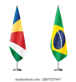 Seychelles and Brazil flags on flagpoles for official ceremonies and meetings, transparent background vector