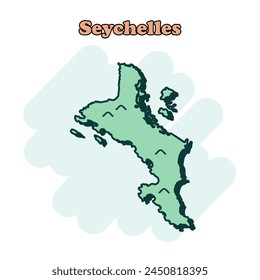 Icono de mapa en colores de caricatura de Seychelles en estilo cómico. Pictograma de ilustración de Country. La geografía de la nación salpica el concepto de negocios.