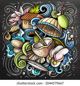 Seychelles cartoon vector doodle chalkboard illustration. Colorful detailed composition with lot of Exotic island objects and symbols.