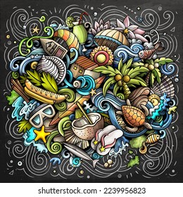 Seychelles cartoon vector doodle chalkboard illustration. Colorful detailed composition with lot of Exotic island objects and symbols.