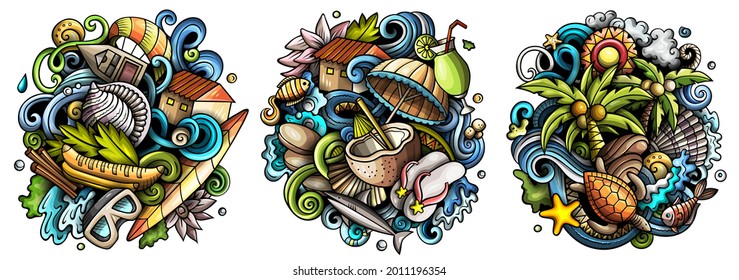 Diseños de doodles vectores de dibujos animados de Seychelles. Coloridas composiciones detalladas con muchos objetos y símbolos de islas exóticas. Isolación en ilustraciones blancas