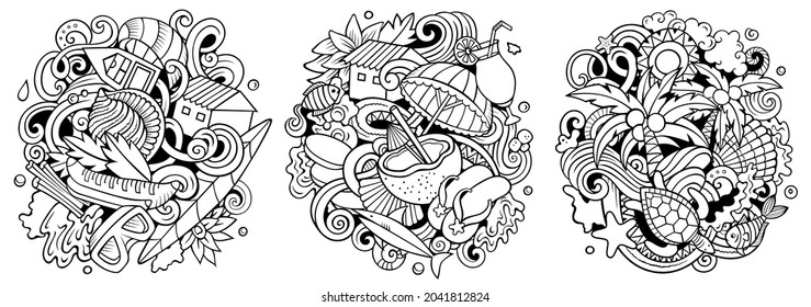 Seychelles cartoon vector doodle designs set. Sketchy detailed compositions with lot of Exotic island objects and symbols. Isolated on white illustrations