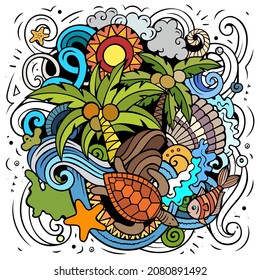 Seychelles cartoon vector doodle illustration. Colorful detailed composition with lot of Exotic island objects and symbols.