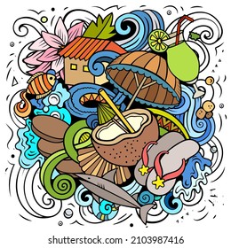 Seychellen Cartoon Vektorgrafik doodle Illustration. Farbige, detaillierte Komposition mit vielen exotischen Inselobjekten und -symbolen.