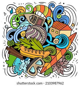 Seychelles cartoon vector doodle illustration. Colorful detailed composition with lot of Exotic island objects and symbols.
