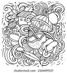 Seychelles cartoon vector doodle illustration. Sketchy detailed composition with lot of Exotic island objects and symbols.