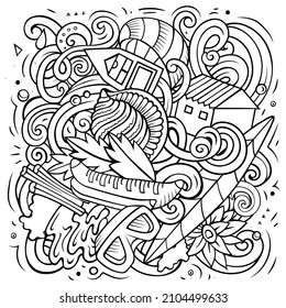 Seychelles cartoon vector doodle illustration. Sketchy detailed composition with lot of Exotic island objects and symbols.