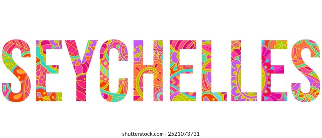 Seychelles country creative text design filled with colorful doodle pattern	