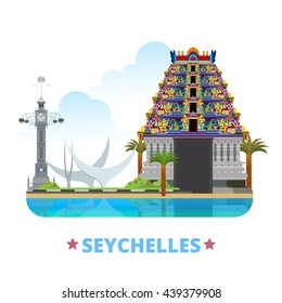 Seychelles country design template. Flat cartoon style historic sight web site vector illustration. World travel sightseeing Africa African collection. Tempio Hindu Clock Tower Bicentennial Monument.