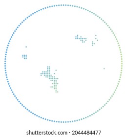Digitales Abzeichen der Seychellen. Dotted Stil Karte der Seychellen im Kreis. Das technische Symbol der Insel mit gestuften Punkten. Anziehende Vektorgrafik.