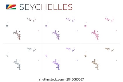 Mapa de las Seychelles. Mapa de las Seychelles con un estilo punteado. Las fronteras de la isla están llenas de hermosos círculos de gradientes lisos. Ilustración vectorial con estilo.