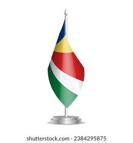 Seychelles flag - 3D mini flag hanging on desktop flagpole. Usable for summit or conference presentaiton. Vector illustration with shading.