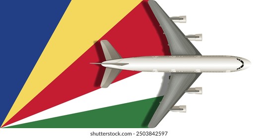 SEYCHELLES flag with airplane flying over it close up. Vector image.