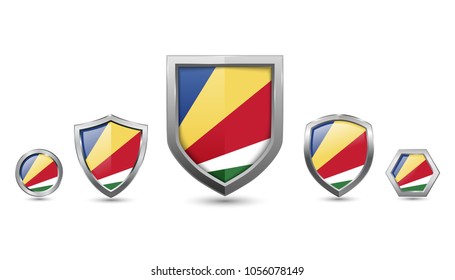 Seychelles flag badges - silver shape shield circle hexagon - vector illustration