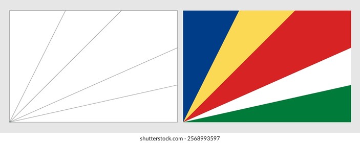 Seychelles flag - coloring page. Set of white wireframe thin black outline flag and original colored flag.