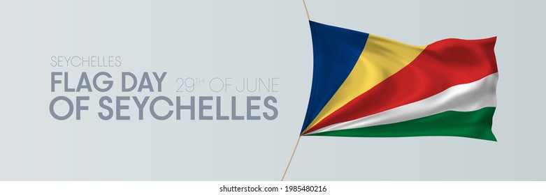 Seychelles flag day vector banner, greeting card. Wavy flag in 29th of June national patriotic holiday horizontal design