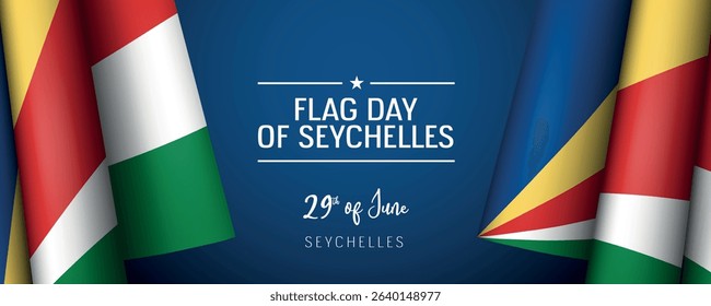 Seychelles flag day vector banner, greeting card. Seychellean wavy flag in 29th of June national patriotic holiday horizontal design