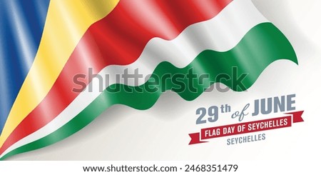 Seychelles flag day vector banner, greeting card. Seychellios wavy flag in 29th of June national patriotic holiday horizontal design