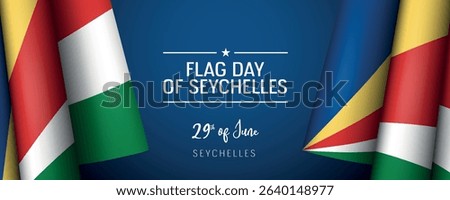 Seychelles flag day vector banner, greeting card. Seychellean wavy flag in 29th of June national patriotic holiday horizontal design