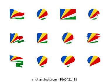 Seychelles flag - flat collection. Flags of different shaped twelve flat icons. Vector illustration set