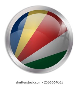 Seychelles flag - glossy circle button displays a colorful flag representing a country cultural identity and heritage. The essence of national pride and unity.