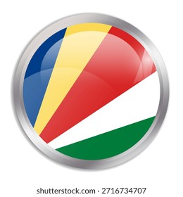Seychelles flag - glossy circle button in metal frame displays a colorful flag of a country cultural identity and heritage. The essence of national pride and unity.