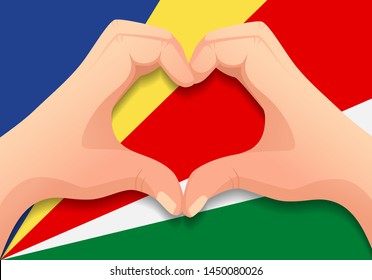Seychelles flag and hand heart shape. Patriotic background. National flag of Seychelles vector illustration