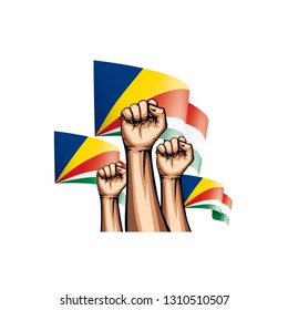 Seychelles flag and hand on white background. Vector illustration