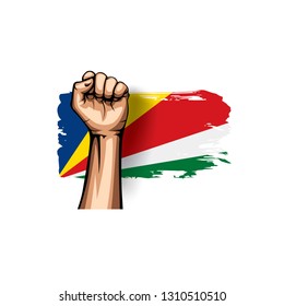 Seychelles flag and hand on white background. Vector illustration