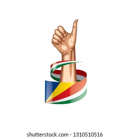 Seychelles flag and hand on white background. Vector illustration