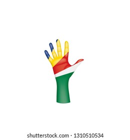 Seychelles flag and hand on white background. Vector illustration