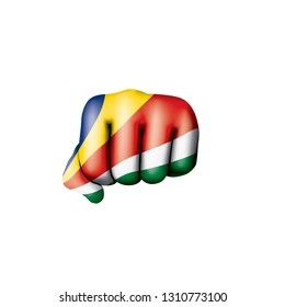 Seychelles flag and hand on white background. Vector illustration