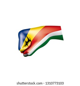 Seychelles flag and hand on white background. Vector illustration