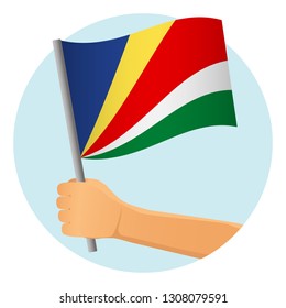 Seychelles flag in hand. Patriotic background. National flag of Seychelles vector illustration