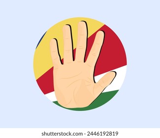 Seychellen-Fahne mit Handstoppschild, Protest- und Menschenrechtsidee, Vektorgrafik-Design, Protest auf den Seychellen, Einschränkung oder verbotenes Emblem, Verletzung der Meinungsfreiheit, Stopp War