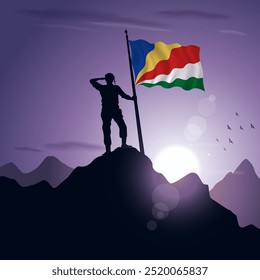 Seychelles Flag hoisted on a mountain peak with a purplish sunset in the background, vector illustration