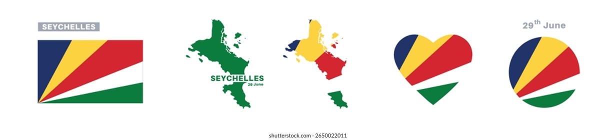 seychellische Flagge und Kartensatz. seychellische Flagge in offiziellen Farben und Proportionen. Unabhängigkeitstag 29 Juni, Karte, Kreis und Herz geformt Seychellen