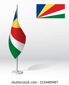 SEYCHELLES flag on flagpole for registration of solemn event, meeting foreign guests. SEYCHELLES National independence day. Realistic 3D vector on white