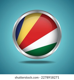 La bandera de las Seychelles. Redondo brillante. Marco plateado. Aislado en el fondo del degradado de color