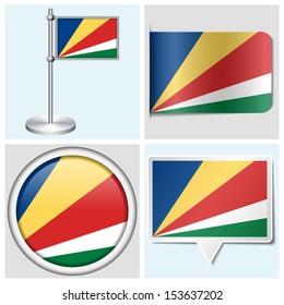 Seychelles flag - set of various sticker, button, label and flagstaff