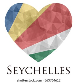 Seychelles flag shape heart in geometric rumpled triangular low poly origami style graphic illustration,mosaic polygonal style.Symbol of love to country.Retro or vintage style background.