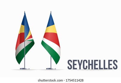 Seychelles flag state symbol isolated on background national banner. Greeting card National Independence Day of the Republic of Seychelles. Illustration banner with realistic state flag.