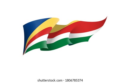 Seychelles flag state symbol isolated on background national banner. Greeting card National Independence Day of the Republic of Seychelles. Illustration banner with realistic state flag.