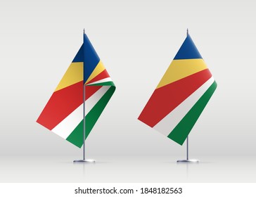 Seychelles flag state symbol isolated on background national banner. Greeting card National Independence Day of the Republic of Seychelles. Illustration banner with realistic state flag.