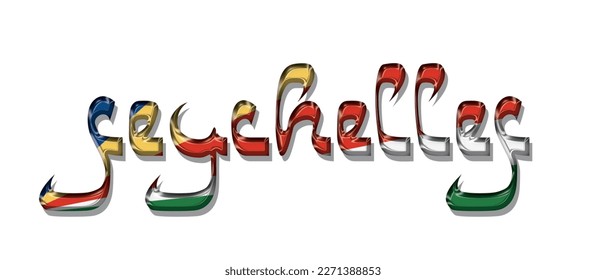 SEYCHELLES flag text font, symbol background, flag ribbon typography lettering logo label banner, 3D colorful background, vector illustration