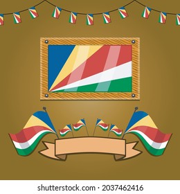 Banderas de las Seychelles en madera de marco, etiqueta, degradado simple e iluminación vectorial