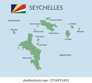 Fronteiras geográficas das Seicheles isoladas sobre fundo branco. Bandeira das Seicheles. Cliparts planas vetoriais.